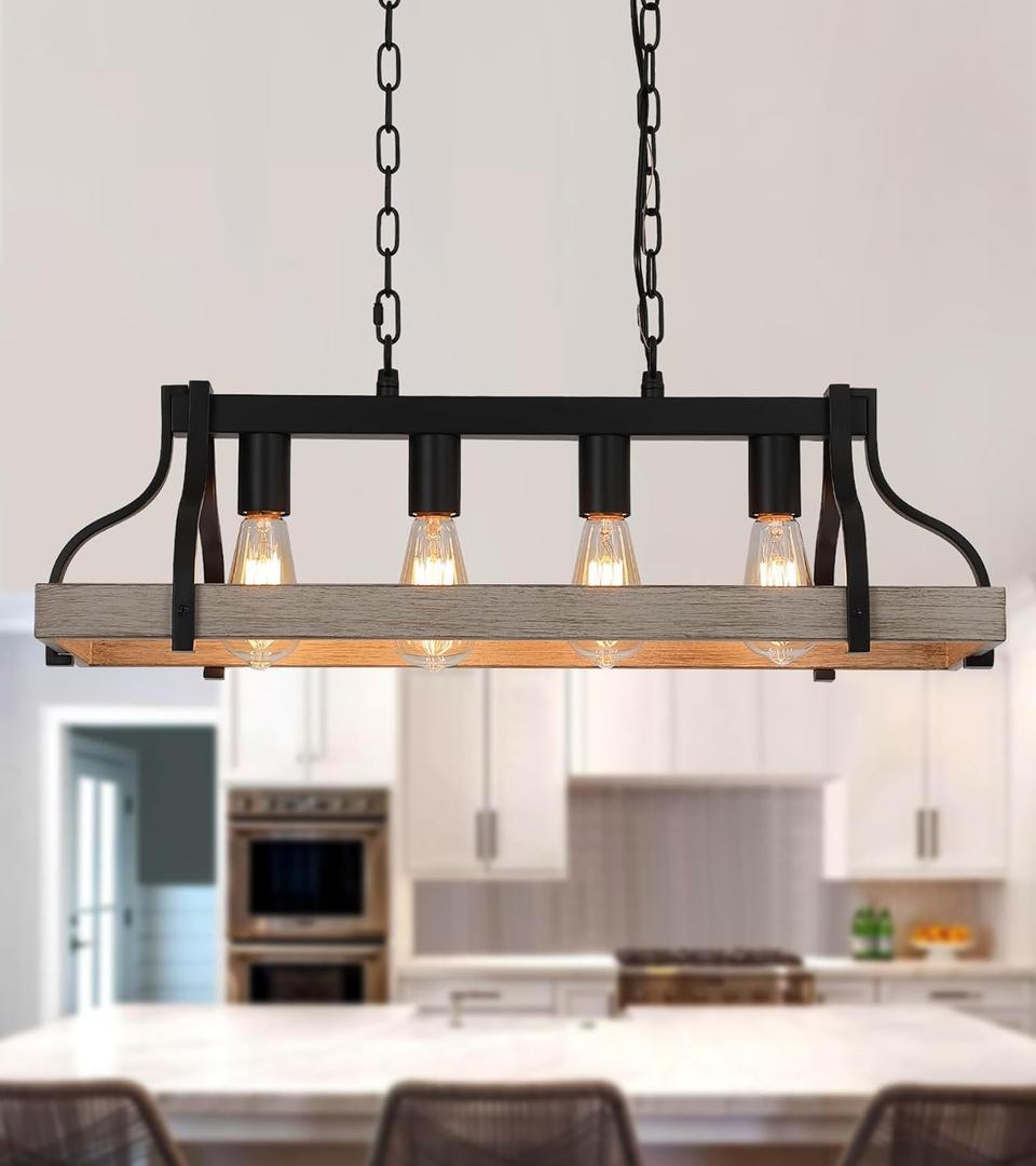 Dining Room Light Fixture Rectangle Farmhouse Chandeliers Industrial 4-Lights White Birch and Black Metal Finish Light Fixture for Kitchen Island Living Room UL Listed (4-lights White Birch chandelier)
