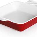 Sweejar Ceramic Baking Dish, 9 x 9 Cake Baking Pan for Brownie, Porcelain Square Bakeware with Double Handle for Casserole, Lasagna, Family Dinner (Red)
