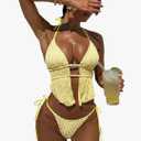 RoseSeek Women's 2 Piece Boho Polka Dots Beaded Bikini Sets Halter Swimsuits Textured Tie Side Bathing Suit, XL