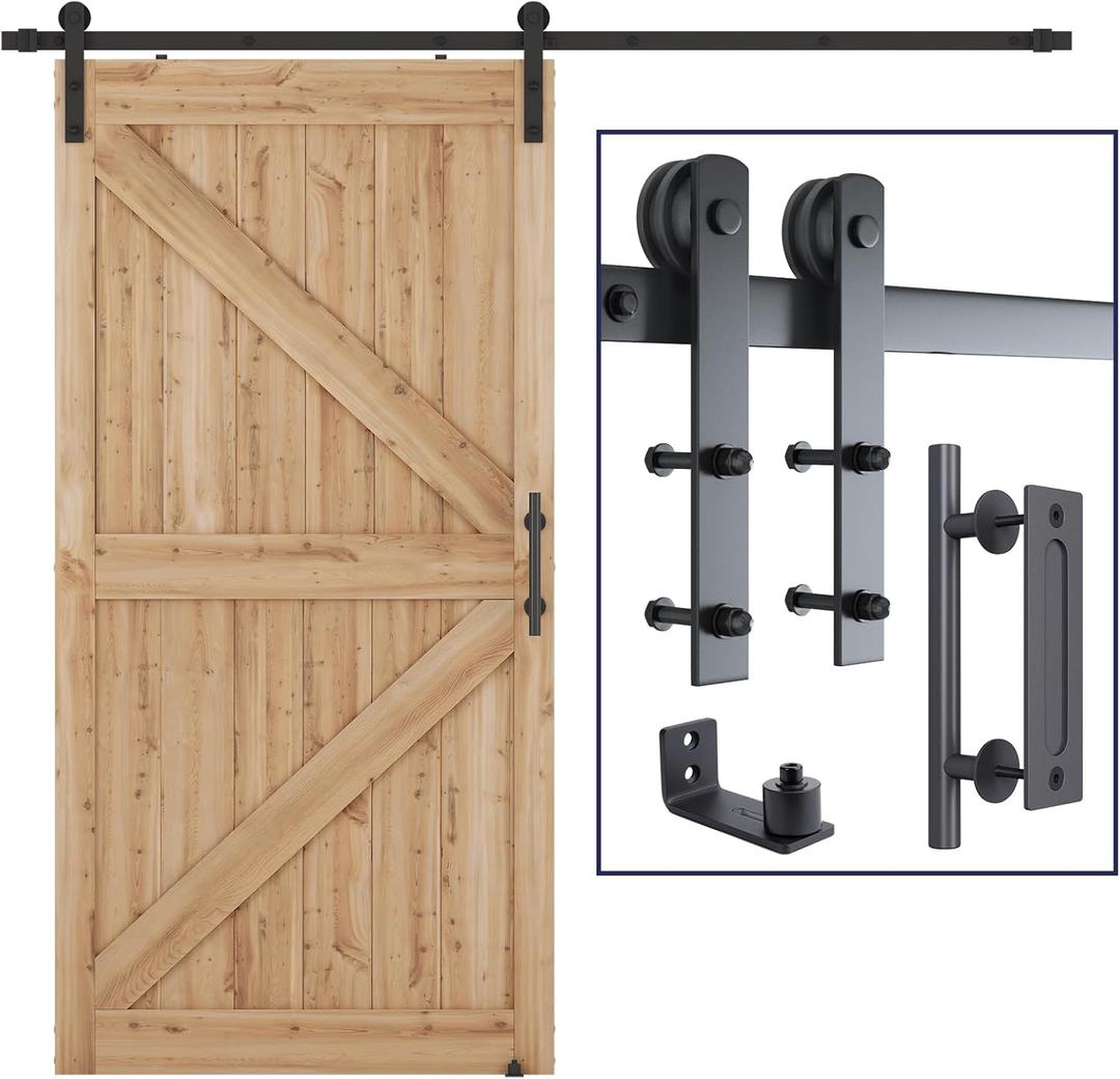 SMARTSTANDARD 8.2 FT Heavy Duty Sturdy Sliding Barn Door Hardware Kit, Black, (Whole Set Includes 1x Pull Handle Set & 1x Floor Guide) Fit 42"-48" Wide Door Panel (I Shape Hanger)