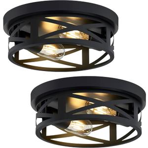 ZHU YAN 2 Pack Black Flush Mount Ceiling Light,Industrial Farmhouse Metal Cage Black Light Fixtures Ceiling Mount for Kitchen Entryway Hallway E26 Base (10.63in)
