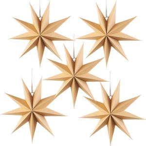 SUNBEAUTY 5 Pcs 9-Pointed Natural Paper Star Lanterns 12 Inch Christmas Hanging Lamp Rustic Paper Decorations Shade Wedding Birthday Christmas Home Party Decorations
