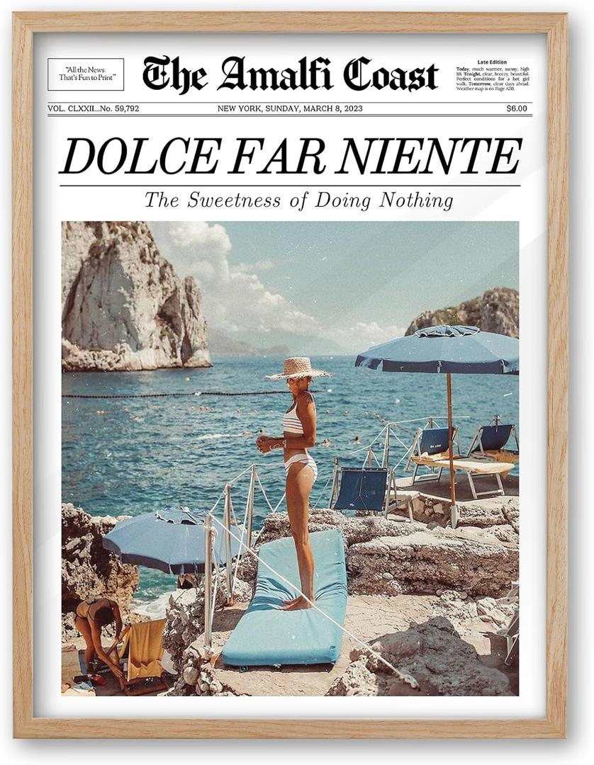 iHery Natural OAK Wood Newspaper Trendy Framed Wall Art, Large Beige 16x20 in Dolce Far Niente Vintage Headline Canvas Wall Art, La Dolce Vita Italian Summer Bedroom Wall Decor Living Room 1Pack