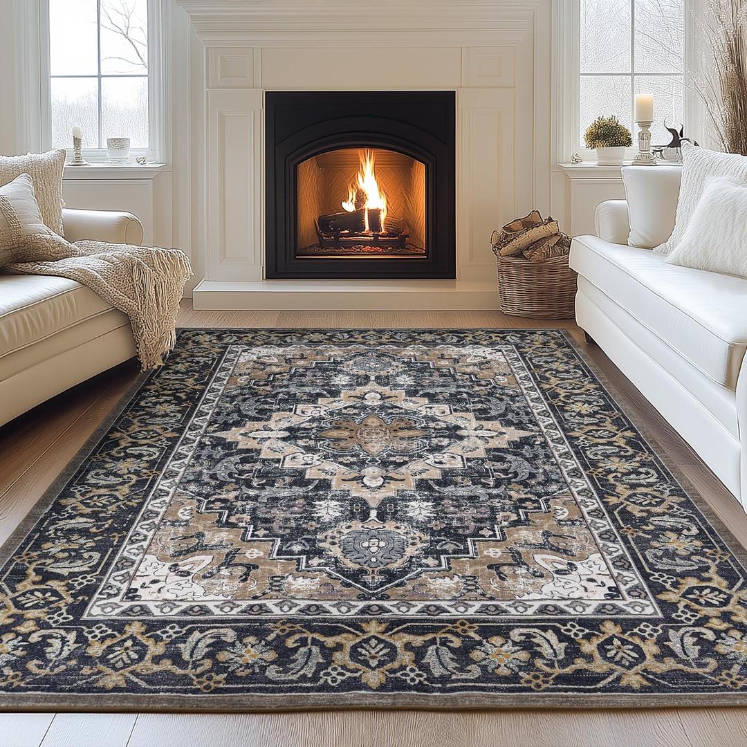 9 x 12 Area Rugs Living Room, Washable Boho Floral Rug Black Brown