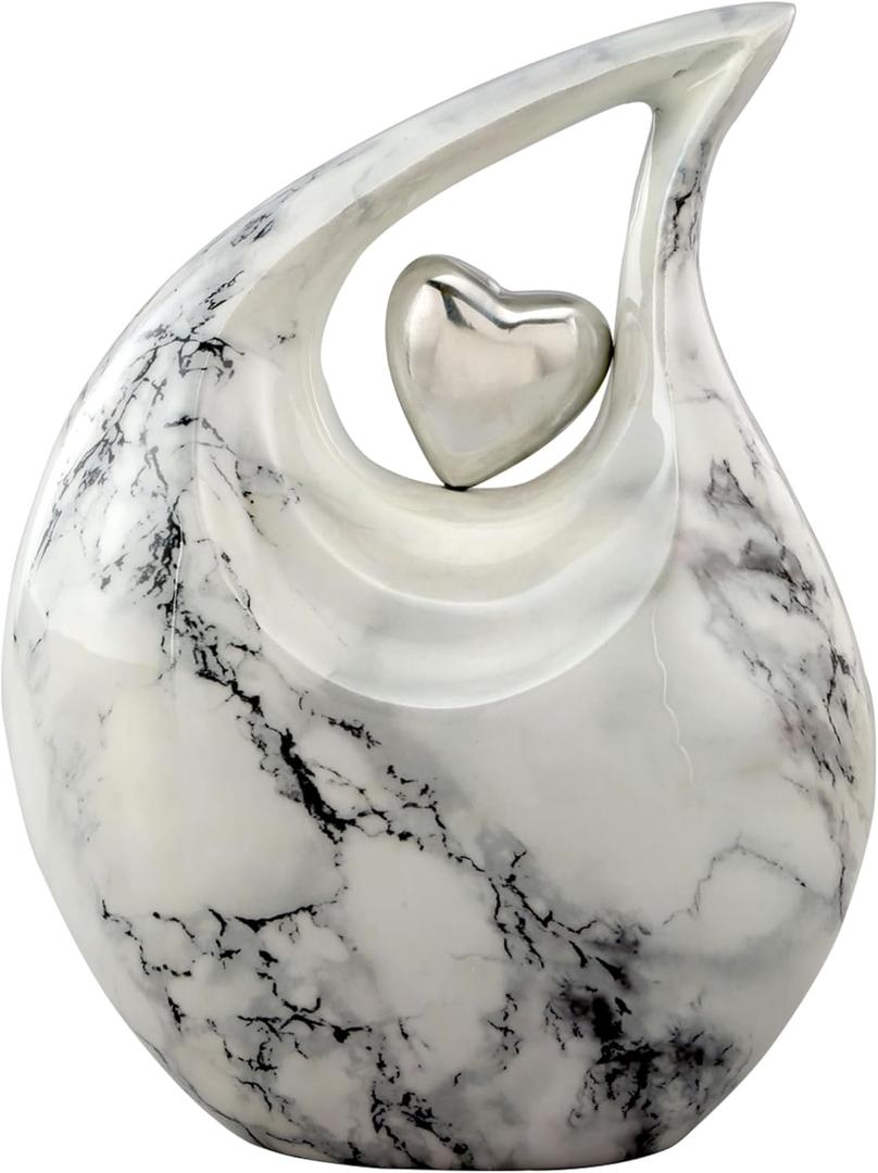 Eternal Tear  Loving Heart Teardrop Cremation Urn for Human Ashes  Solid Metal Adult Memorial Urn Holds Ashes Up to 210 lbs  Unique Drop-Shaped Funeral Urn with Velvet Bag (Carrara White)
