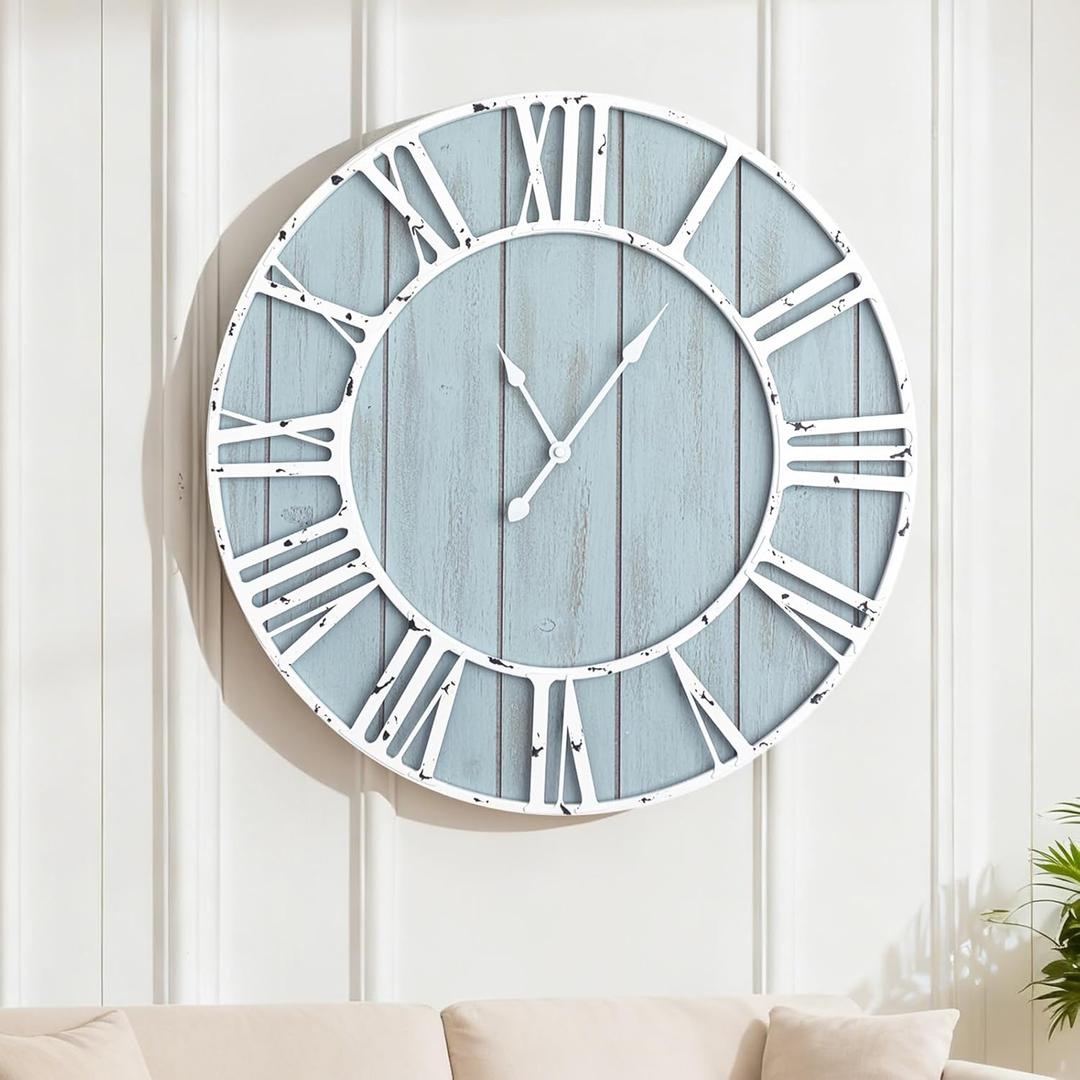 Quelay 20 Inch Coastal Wall Clock, Blue Farmhouse Vintage Wooden Clock with Roman Numerals, Quiet Ticking Battery Operated, Rustic Retro Decorative for Living Room Kitchen Office Home Decor