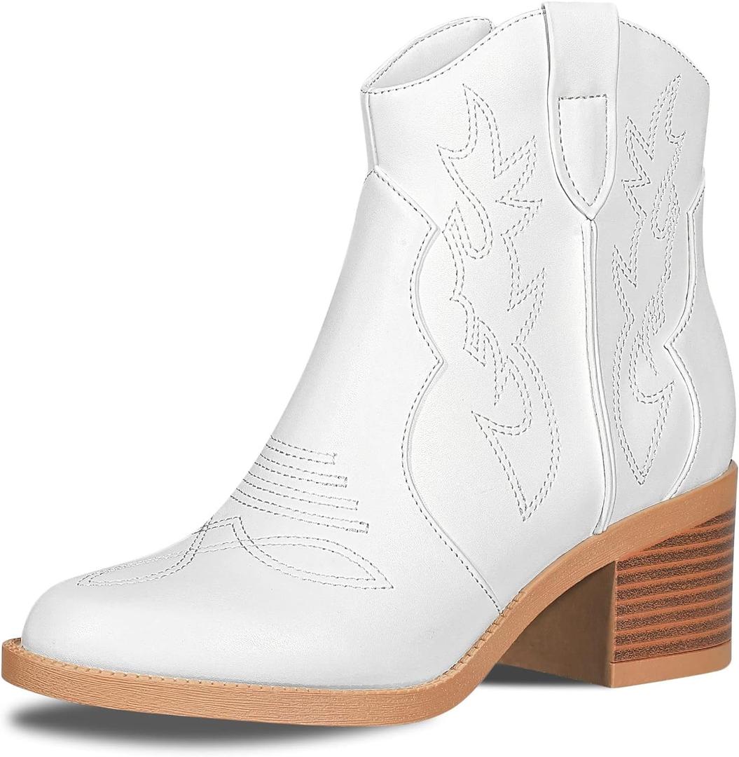 PIZZ ANNU Women's Embroidered Western Cowboy Boots Cowgirl Round Toe Short Ankle Boots Ladies Fashion Retro Classic Booties Chunky Heels (10, White)