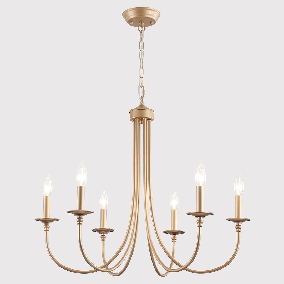 ALISADABOY Gold Farmhouse Chandelier Modern Candlestick Dining Chandelier Light Fixture Industrial 6 Light Pendant Lighting for Kitchen Living Room Bedroom Foyer Entrance Hallway Entryway