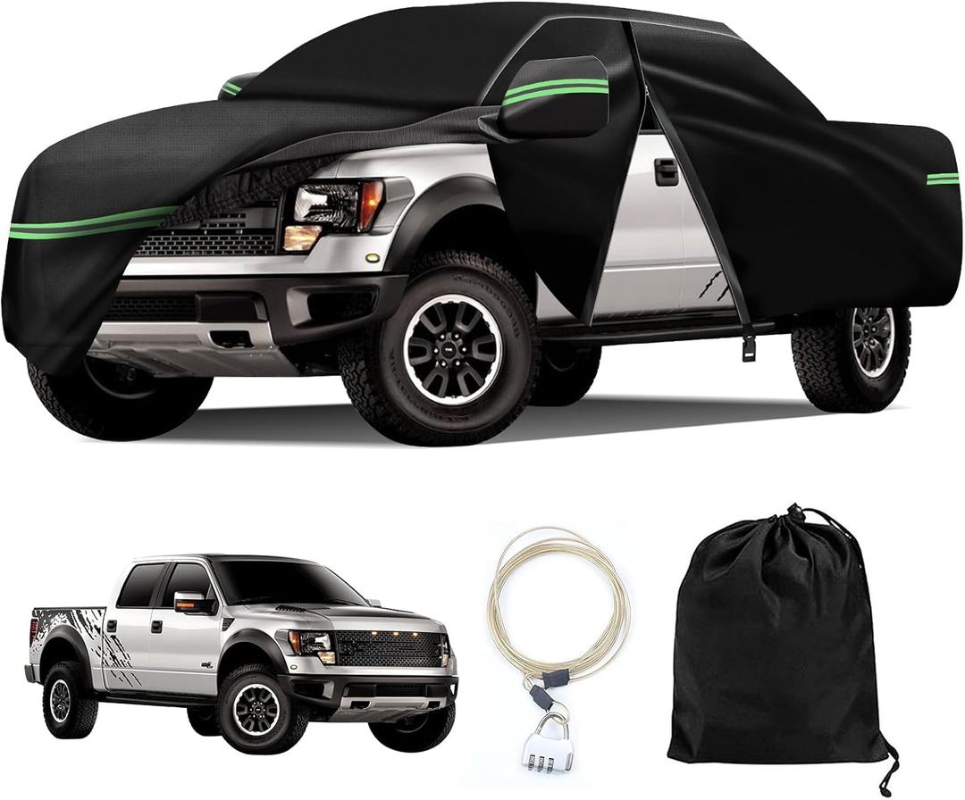 All Weather Protection Car Cover, Compatible with 2001-2023 Ford F150 F250 F350 Raptor, 210T 6-Layer Professional Outdoor Full Car Cover with Combination Lock and Large Storage Bag