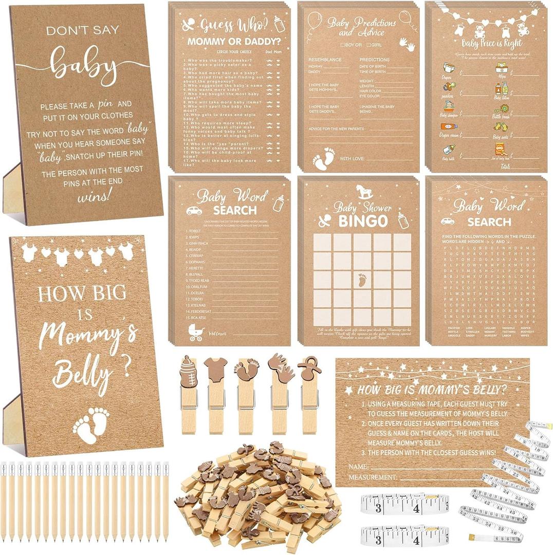Funnymoom 426 Pcs Kraft Baby Shower Games Set-8 Games, Includes Baby Shower Bingo, Price is Right, Guess Who, Word Scramble, Prediction and Advice, How Big is Mommy's Belly, Don't Say the Words (Brown)