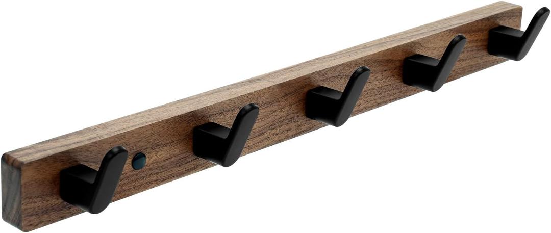 Coat Hooks Wall Mount, 16.5" Wall Mounted Coat Rack with 5 Aluminum Hooks for Hanging Backpacks, Hats, Dog Leashes, Towels, Keys, Walnut Wood Wall Hooks for Entryway, Bathroom, Bedroom