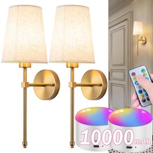 Battery Operated Wall Sconce Set Of Two with Remote Control, Indoor Not Hardwired Dimmable Battery Operated Wall Sconce Light Fixture with Fabric Linen Shade For Bedroom Living Room, Bulb Included ( C (Bronze)