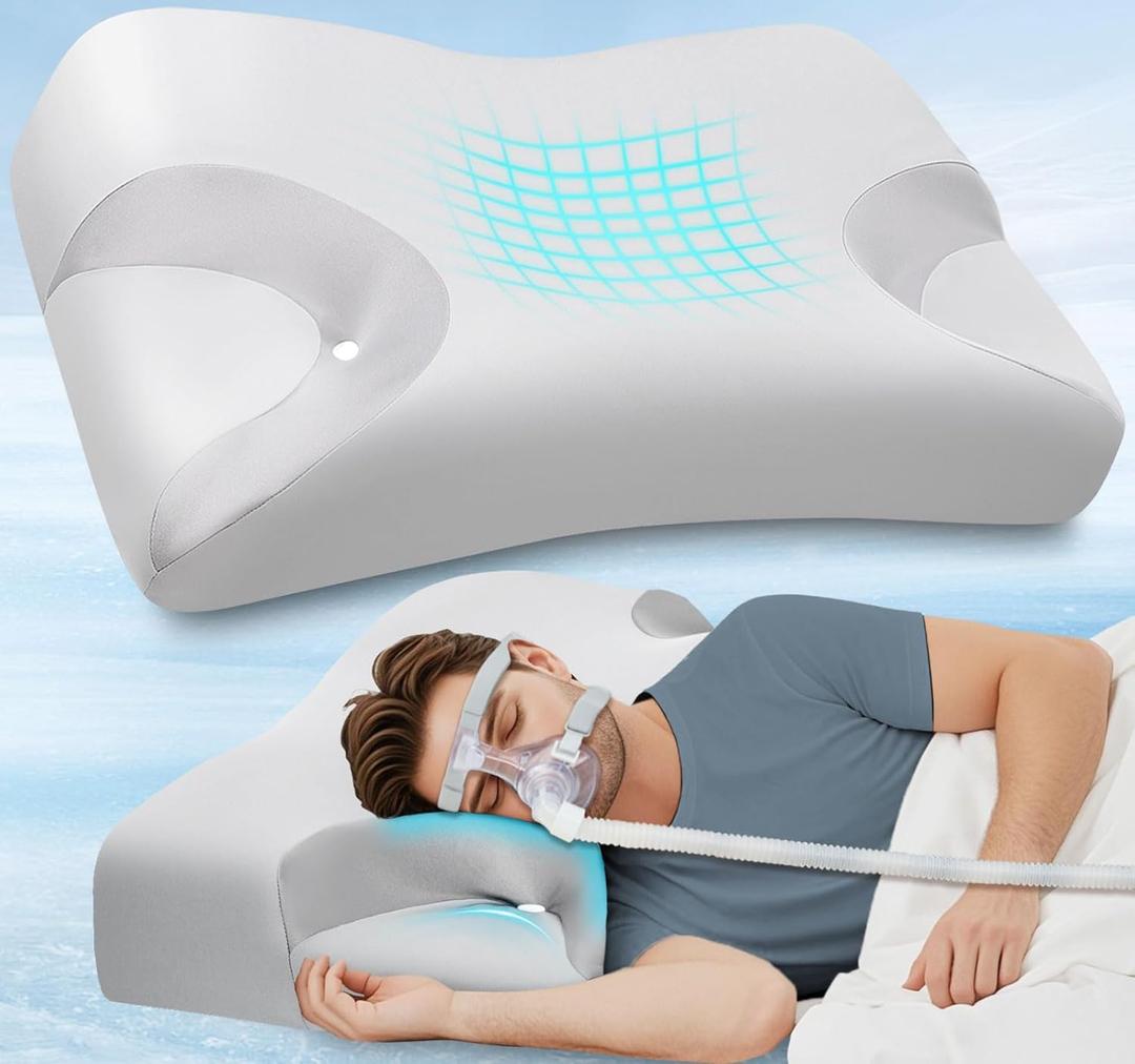 CPAP Pillow for Side Sleepers for Neck Shoulder Pain Relief with Cooling Pillowcase - Memory Foam Neck Support Pillow for Side, Back & Stomach Sleeping - Reduce Air Leak/Mask Pressure for Better Sleep (Queen-22.8"L*14.9"W*(3.9"/3.7")H, Gray)