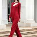 RONGTAI One Piece Jumpsuit for Women Long Sleeve Cutout Neck High Waist Dressy Casual Stright Leg Romper (Red, M)