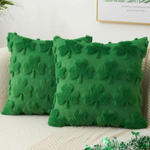 Kevin Textile St. Patrick's Day Pillow Covers 18 x 18 Inch Pack of 2 Soft Faux Fur Green Shamrock Decorative Lucky Clover Throw Pillowcase for Spring Home Bed Sofa Couch Green