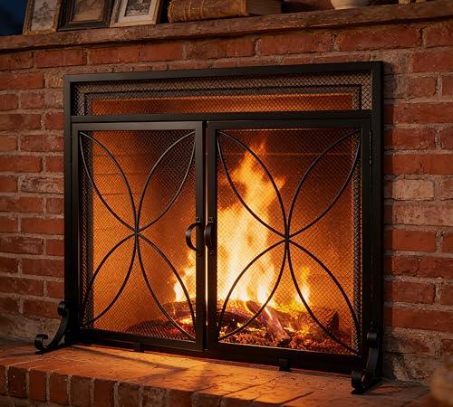 Fire Beauty Fireplace Screen with Magnetic Doors,Handcrafted Wrought Iron Classical Scroll Durable Metal Mesh Decorative Free Standing Fireplace Spark Guard- Black