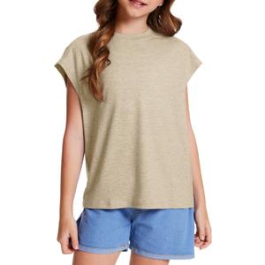 Girls Oversized T Shirts Kids Summer Tops Crewneck Cute Cap Sleeve Tee Trendy Athletic s Teen Shirts Clothes 2025 (Khaki)