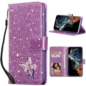 UEEBAI Wallet Case for Samsung Galaxy S24 Plus/S25 Plus 5G, Glitter PU Leather Phone Case Card Slots Kickstand Case Magnetic Closure Bling Flip Case Shockproof Hand Strap Flip Cover - Glitter Purple