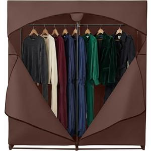 HOLDN STORAGE Portable Wardrobe Closet - 65 lb Large Capacity, Internal Heavy Duty Metal Rod, Zipper & Clear Window, Durable Clothes Organizer, Tool-Free Easy Assembly, Brown Canvas Cover