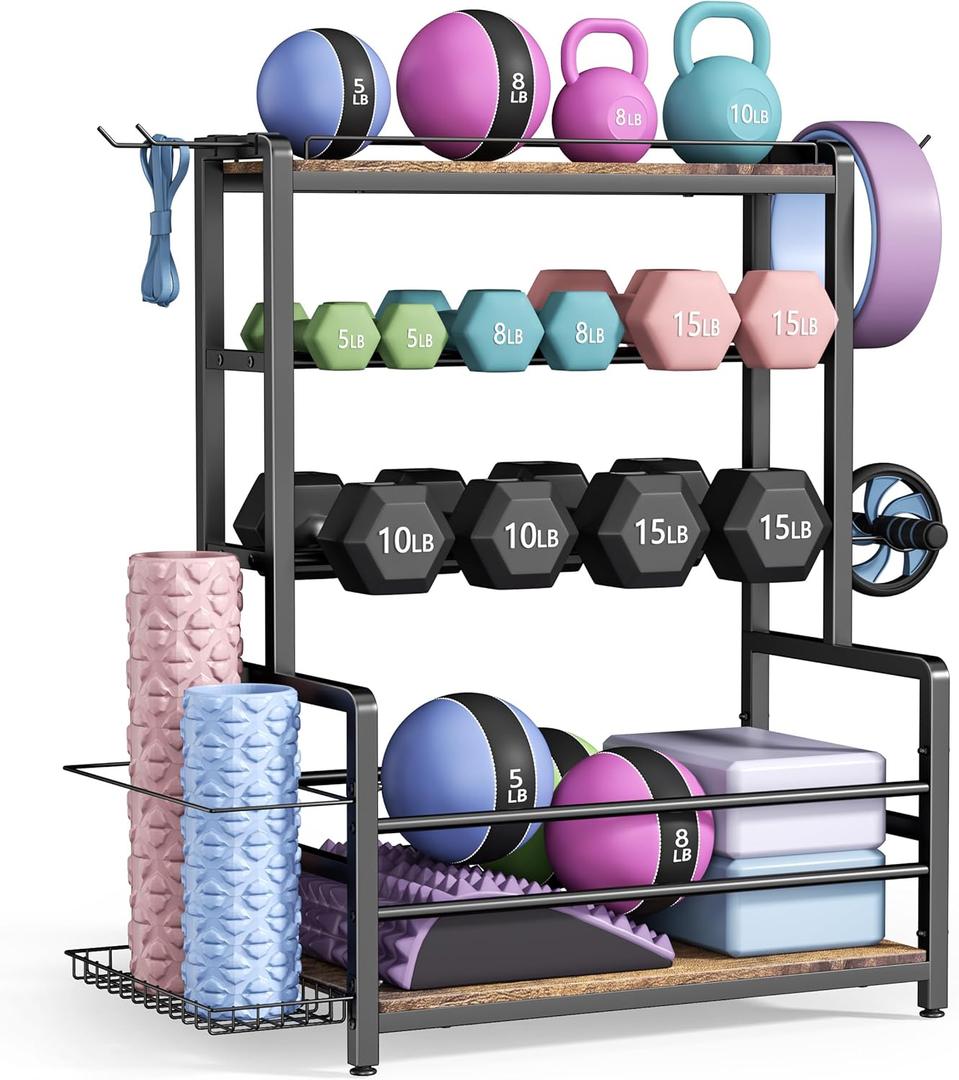 Gym Home Equipment Weight Rack  3Tier Workout Storage Stand for Dumbbells & Kettlebells, Medicine Ball Holder, 460 lb Steel Organizer with Yoga Mat Basket, Hooks, Adjustable Feet, 24 x 16 in