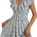 Loemes Women Summer Cute Floral Deep V Neck Mini Dress Casual Ruffle Sleeveless High Waist Swing Beach Sundress with Pockets, L