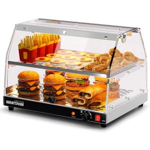 Commercial Food Warmer Display, Electric Countertop 2-Tier Food Warmer with LED Lighting, Dual 90 Openable Glass Doors Warmer Display Case for Pastry Buffet Restaurant (Stainless)