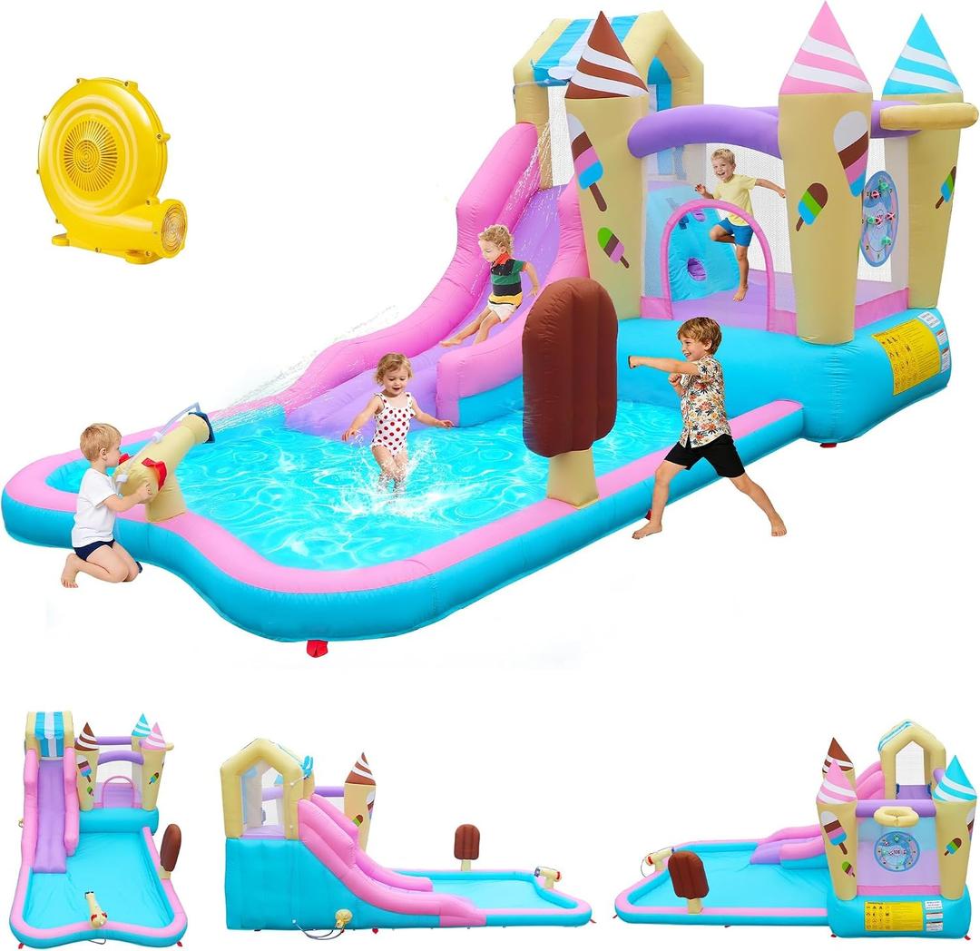 Inflatable Water Slide Bounce House, 8-in-1 Water Park with Water Cannon, Climbing Wall, Basketball Hoop & Splash Pool, Ice Cream Castle Theme, 126x79x65 inches, Ages 3-6, 350W Blower Included