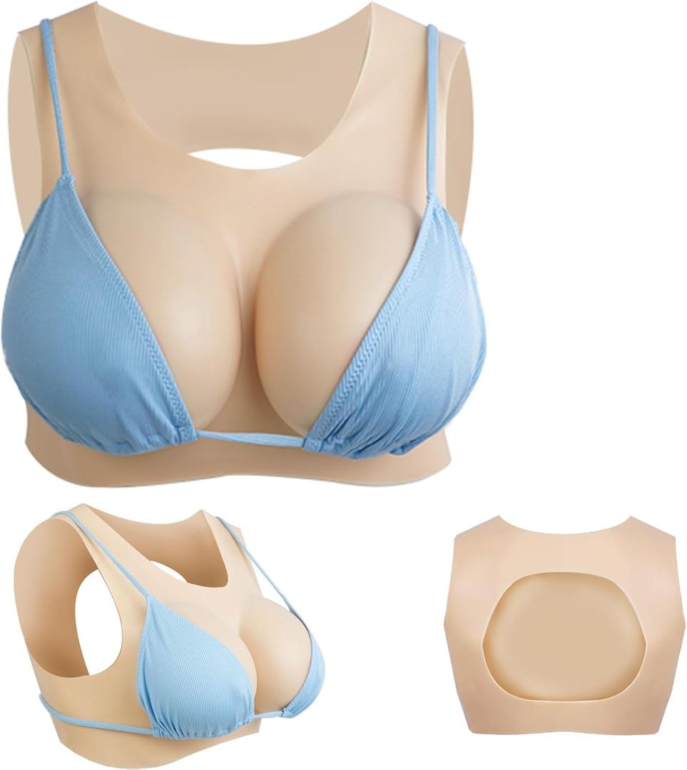 Silicone Breastplate B-G Cup Fake breasts forms Fake boobs Low neckline Back cutout For Crossdresser Drag Cosplay (Tan)