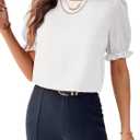 Samefar Womens Tops Dressy Casual Crewneck Ruffle Short Sleeve Shirts Summer Loose Flowy Work Chiffon Blouses Clothes (Large, White)
