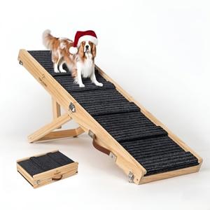Medium Dog Ramp for Bed and Couch Wooden Adjustable Pet Stairs for Dogs and Cats 34.6" Non Slip Foldable Ramp with 5 Height Settings 13.6"21.5" for Puppies, Pets, Indoor Outdoor Use