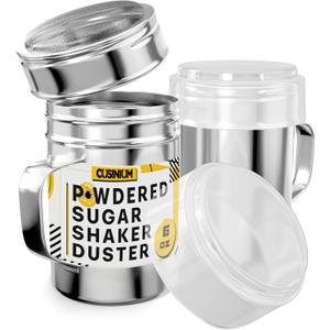 CUSINIUM 6 Ounce Mini Powder Sugar Shaker With Handle - Fine Mesh - With Plastic Cap - Pack of 2 (Silver)