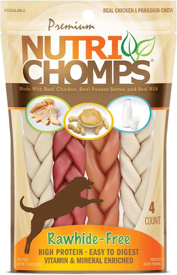 NutriChomps Dog Chews, 6-inch Braids, Easy to Digest, Rawhide-Free Dog Treats, Healthy, Real Chicken, Peanut Butter and Milk flavors, Pack of 4 (EXP 05/29/27)