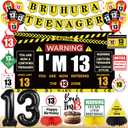 Kuxriox Happy 13th Birthday Decorations for Boys Girls, Bruh Ur A Teenager Birthday Banner, I'm 13 Bday Backdrop Balloons Cake Topper Party Supplies, Black Caution Themed Teenager 13 Years Old Sign
