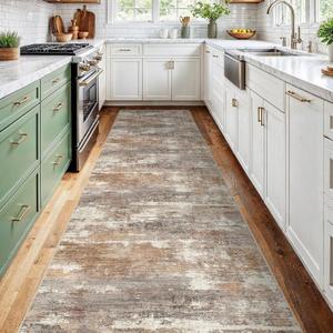 2'6''x12' Washable Kitchen Runner Rug: Modern Abstract Runners for Hallway Soft Non Slip Rugs with Rubber Backing Low Pile Thin Floor Carpet for Entryway Bedroom Bathroom Indoor(Brown/Brick,2'6''x12')
