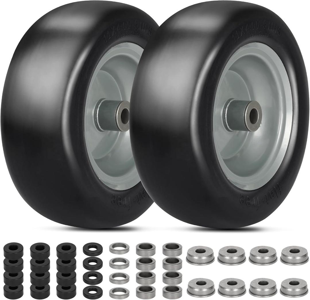 2 PCS 11x4.00-5" Lawn Mower Tires Flat Free,3/4" 5/8" 1/2" Bushing,3.4"-4"-4.5"-5" Centered Hub,Universal Fit Smooth Tread Tire for Zero Turn Lawn Mowers, with Universal Adapter Kit (Gray Rim)