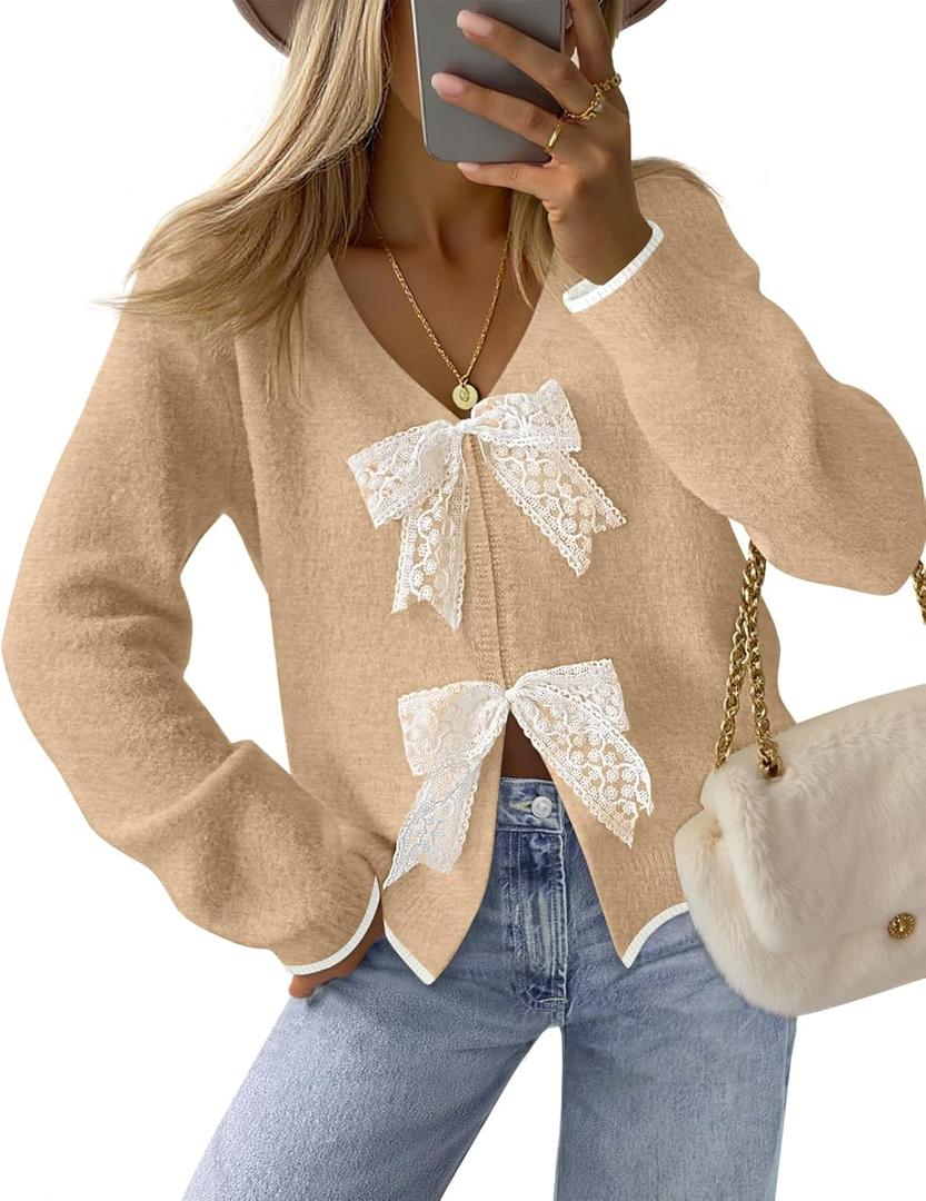 MEROKEETY Women's Tie Front Bow Cardigan Sweaters 2025 Long Sleeve Chunky Knit Cute Trendy Fall Winter Coats (Medium, Camel)