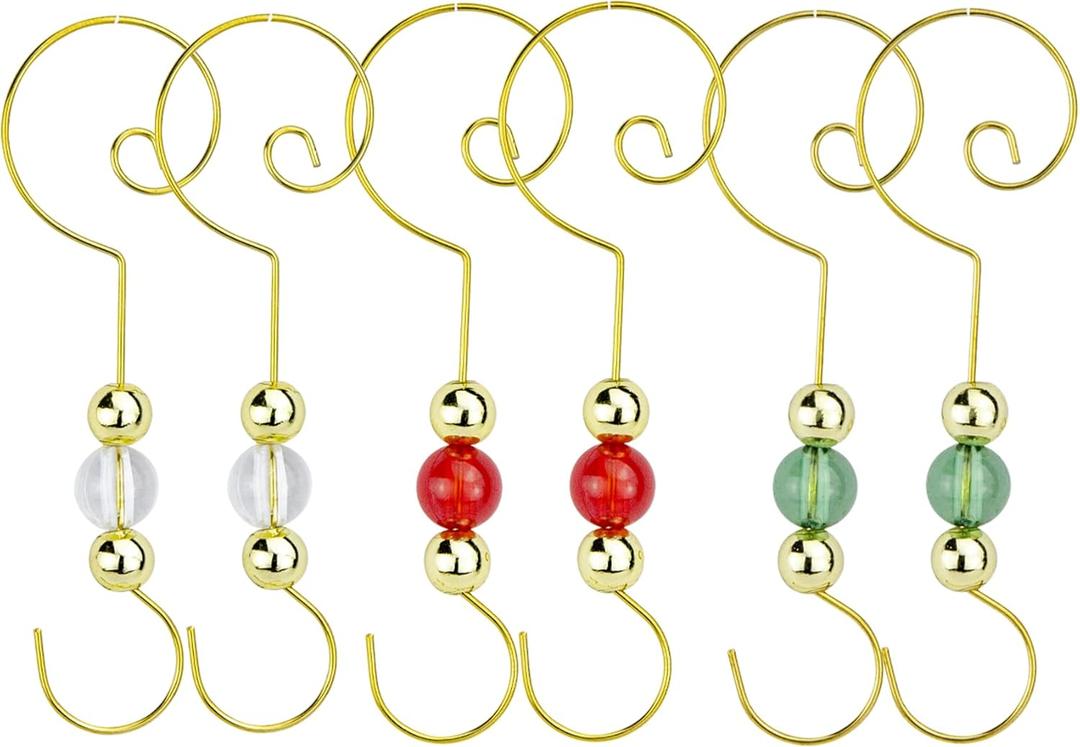 Christmas Ornament Hooks - Set of 24 Beaded Hangers - Decorative Metal Wire S-Hook with Sparkling Gems - Holiday Card Holder Seasonal Decorations (Gold)
