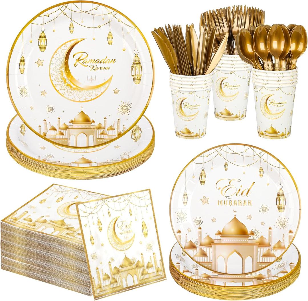 168Pcs Ramadan Eid Mubarak Party Supplies Tableware Set Eid Mubarak Plates and Napkins White Gold Party Plates For Ramadan Party Decorations, Serve 24 Guest (Gold)
