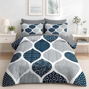 Nesker Comforter Set Full Size, Boho Bohemian Abstract Blue Gray 7 Pcs Bedding for Kids and Adults, Indigo Geometry Grey Bed Sheet Sets with Fitted Sheet 2 Pillowcases & 2 Shams