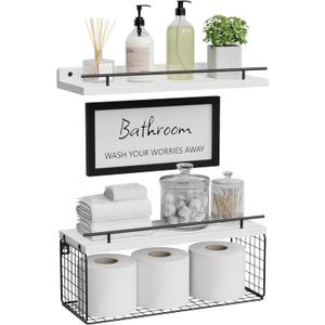 WOPITUES Floating Shelves for Wall Decor Sign, Bathroom Organizer and Storage, Bathroom Shelves Over Toilet with Metal Guardrail-Modern White