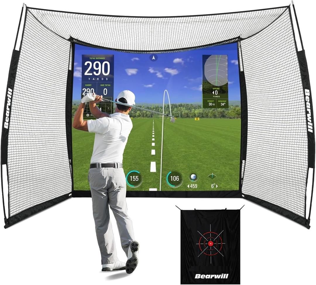 Golf Net with Simulator Impact Screen, 11x8ft Golf Practice Net Hitting Net Range Cage, HD Blank Impact Screen and Target Cloth, Simulators Enclosure for Driving Swing, Home Garage Backyard