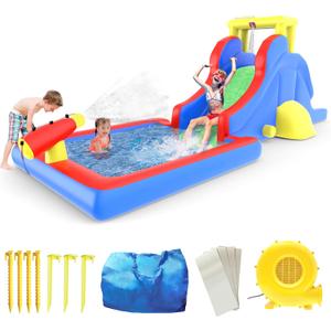 PicassoTiles KC108 Water Slide Park Inflatable Bouncing House w/Pool Area (Splash Zone), Climbing Wall, Shower Head Sprays Mounts, Water Cannon Mount and Heavy Duty GFCI ETL Certified 385W Blower