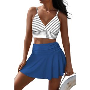 Pink Queen Women's High Waisted Bikini Set Two Piece Swimsuit V Neck Spaghetti Straps Swim Skirt Bathing Suit (M)