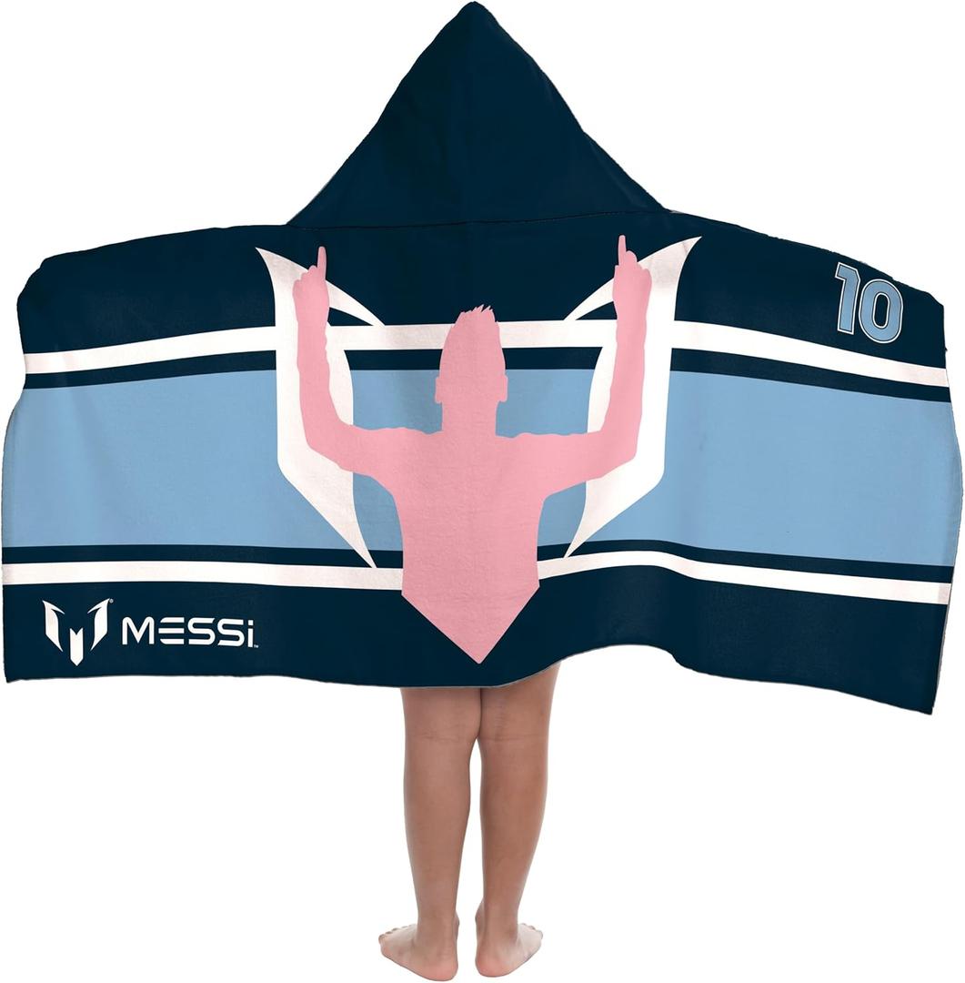 Jay Franco Kids Hooded Towel – 22" x 51" Super Soft Bath Wrap with 3D Hood, Beach, Pool & Travel, Official Licensed Product, Blue - Messi