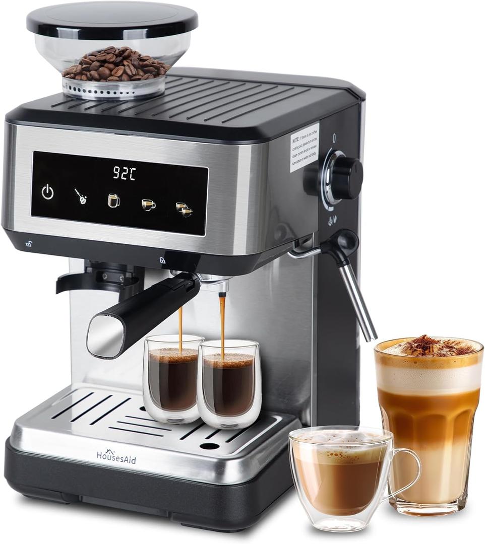 Machine with Grinder, 20 Bar Expresso Coffee Machines with Milk Frother Steam Wand, Professional Espresso Maker with Removable Water Tank, Cappuccino Latte Machine for Home