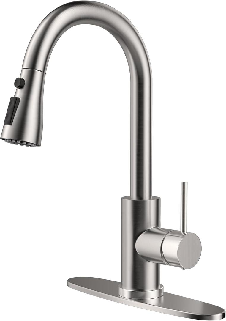 Kitchen Faucet with Pull-Down Spray Single Handle high arc Commercial Stainless Steel Brushed Nickel Kitchen Sink Faucet with Deck Suitable for bar Laundry RV Farmhouse (Brushed Nickel)