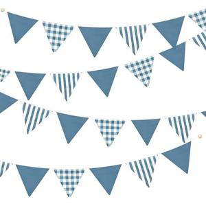 2 Sets Blue Pennant Banner Flags 24Pcs Blue Plaid Striped Nursery Garland Linen Fabric Triangle Streamers for Baby Playroom Decor Boys Nautical Checkered Birthday Baby Shower Party Decorations