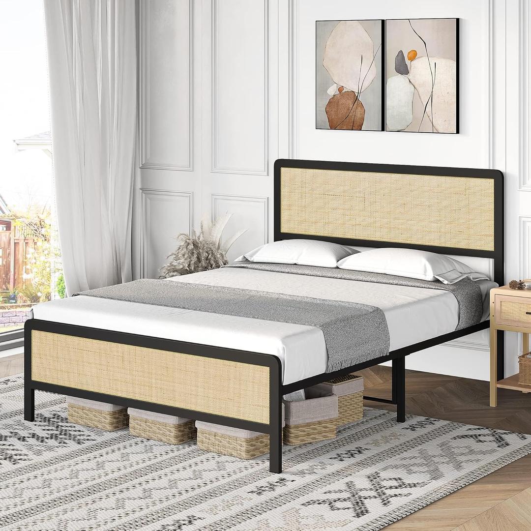 BouPower Full Size Bed Frame with Footboard, Metal Platform Bed with Rattan Headboard, Noise-Free Slats & Under-Bed Storage, Sturdy Steel Slat Support, No Box Spring Needed