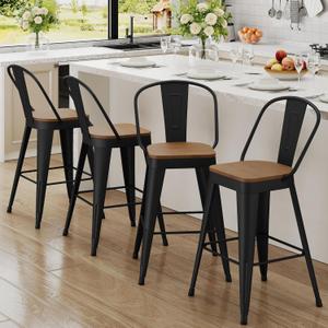 Andeworld Metal Bar Stools Set of 4, 24 inch Counter Height Barstools with Backs Farmhouse Modern High Back Bar Stools with Larger Seat Kitchen Dining Bar Chairs, Matte Black