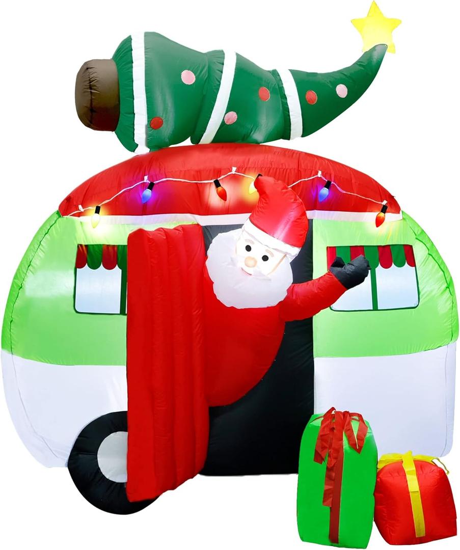 ATDAWN 7 ft Christmas Inflatable Santa Claus Driving a Car with Christmas Tree and Gift Boxes, Blow Up Lighted Yard Decoration, Inflatable Christmas Holiday Outdoor Lawn Yard Garden Decorations